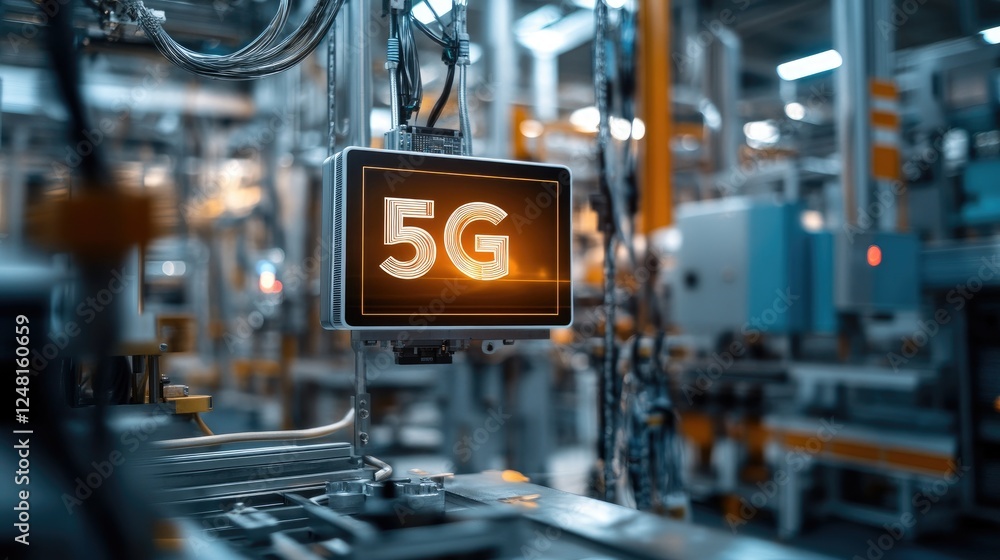 Poster Close-up of a 5G router positioned within an industrial setting, facilitating communication between machines and IoT sensors to optimize manufacturing processes.
