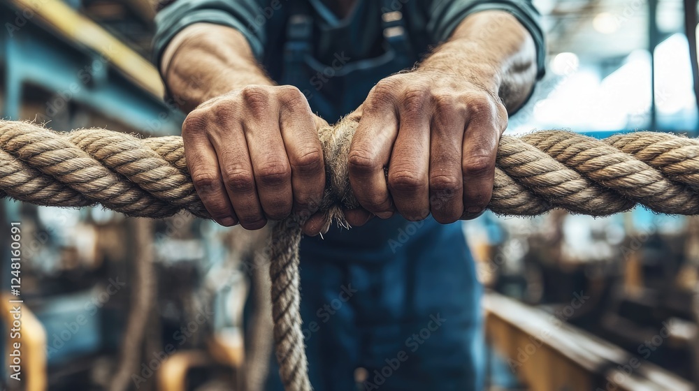 Aufkleber close-up of a factory worker's hands gripping a sturdy rope in a bustling industrial setting, emphas