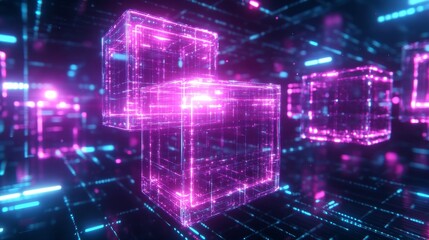 Abstract Digital Cubes Neon Glowing Network Data Stream Futuristic Technology Background