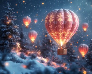 Naklejka premium Mesmerizing Hot Air Balloon Festival over Snowy Landscape with Snowflake Inspired Designs
