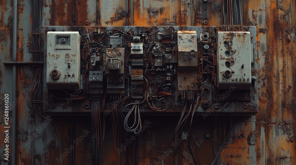 Aufkleber close-up of an electrical panel displaying intricate wiring and circuit breakers on a weathered, rus