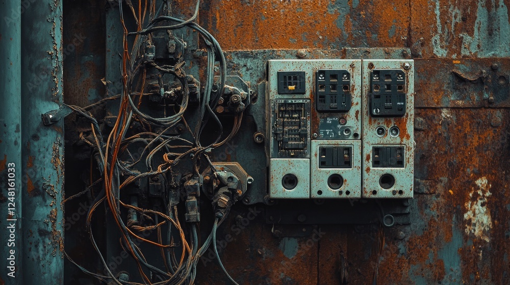 Aufkleber Close-up of an electrical panel displaying intricate wiring and circuit breakers on a weathered, rusty metal surface, symbolizing the rugged nature of industrial manufacturing environments.