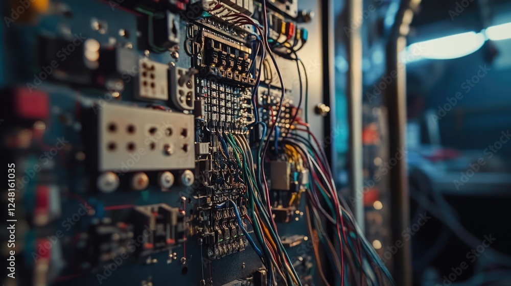 Aufkleber close-up of an electrical cabinet displaying intricate wiring and components, highlighting the compl