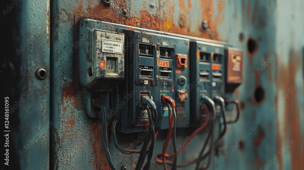 Poster close-up of an electrical panel displaying intricate wiring and circuit breakers on a weathered, rus
