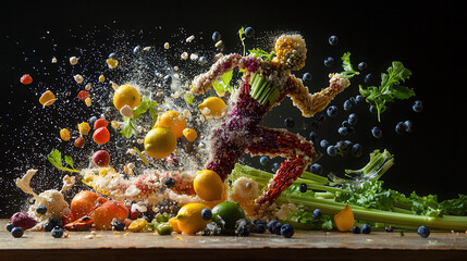Fototapeta premium vibrant figure made of fresh fruits and vegetables is running energetically, surrounded by colorful explosion of produce, showcasing health and