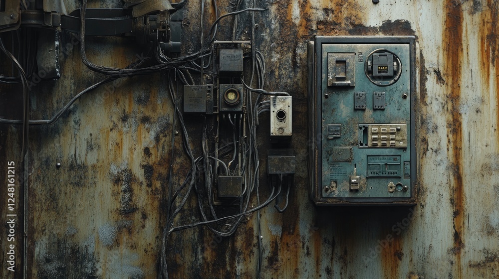Poster close-up of an electrical panel with intricate wiring and circuit breakers on a weathered, rusty met