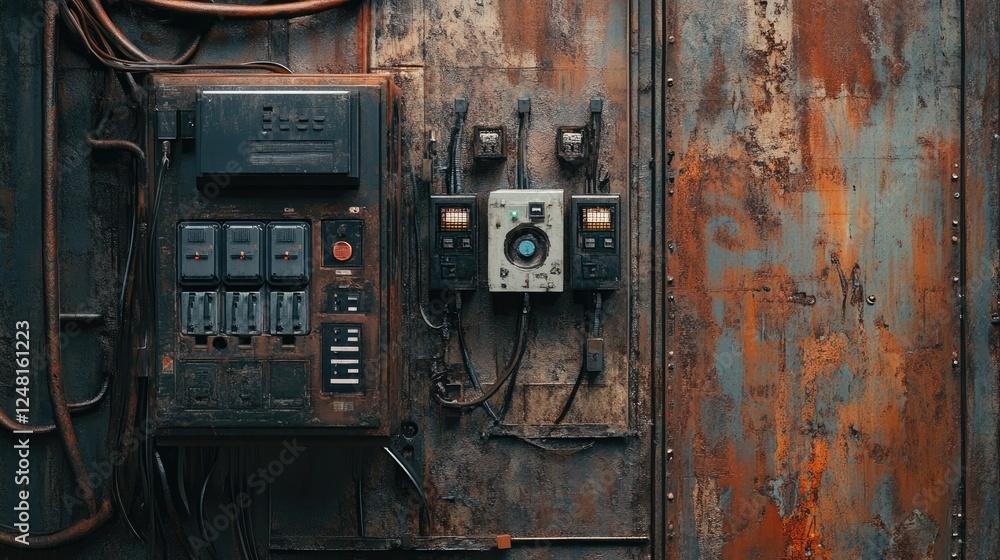Poster close-up of an electrical panel with intricate wiring and circuit breakers on a weathered, rusty met