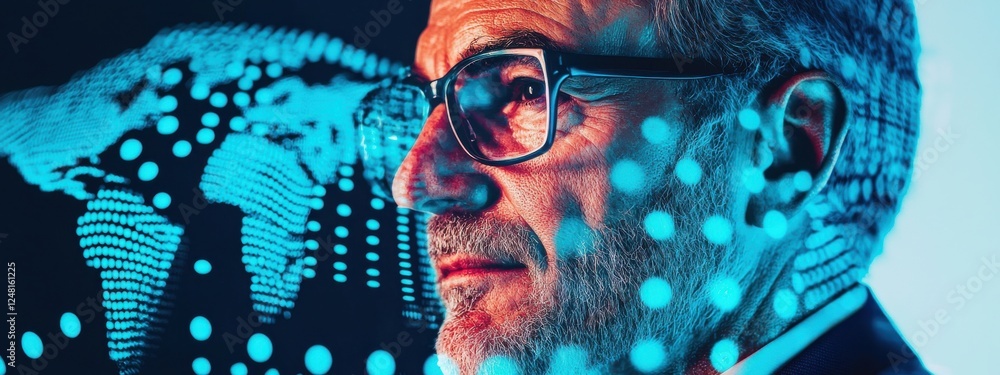 Poster thoughtful businessman in eyeglasses against digital background with world map and data visualizatio