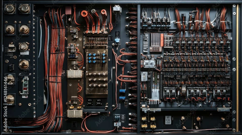 Poster Close-up of an industrial electrical cabinet, featuring intricate wiring and components that represent the complexity and precision of modern manufacturing processes.