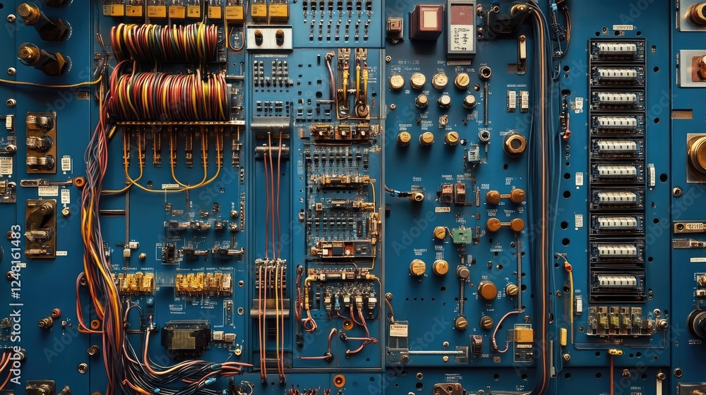 Poster Close-up of an industrial electrical cabinet, featuring intricate wiring and components that represent the complexity and precision of modern manufacturing processes.