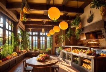 colorful fruits suspended over inviting culinary display featuring variety tantalizing delicacies bountiful natural inspirations, apples, avocados