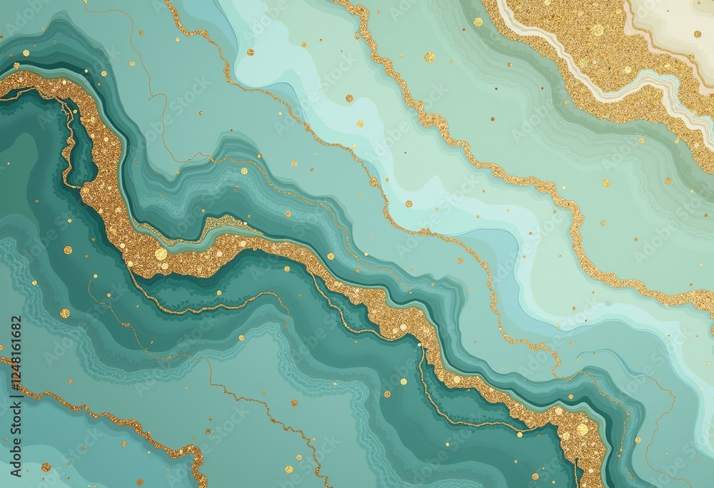 Poster digital art marble texture: light teal and gold swirls with veins and sparkles, elegant and versatil
