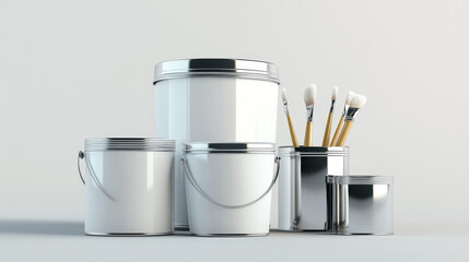 Paint can with brush, tin bucket with red dripping drops top and front view, metal pot, container with dye for renovation works isolated on transparent background, Realistic 3d vector illustration
