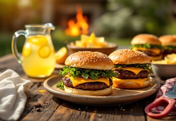 Delicious Grilled Cheeseburgers with Fries, Fresh Lemonade, and Smoky BBQ Flames in a Cozy Summer Backyard Setting, Perfect for Outdoor Picnics or Family Gatherings"