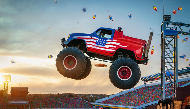 Un monster trucks qui saute d'un tremplin