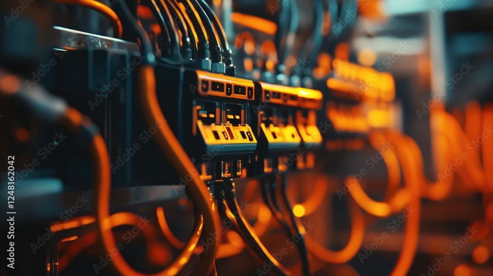 Poster close-up of electrical relays managing an industrial manufacturing process, showcasing the intricate