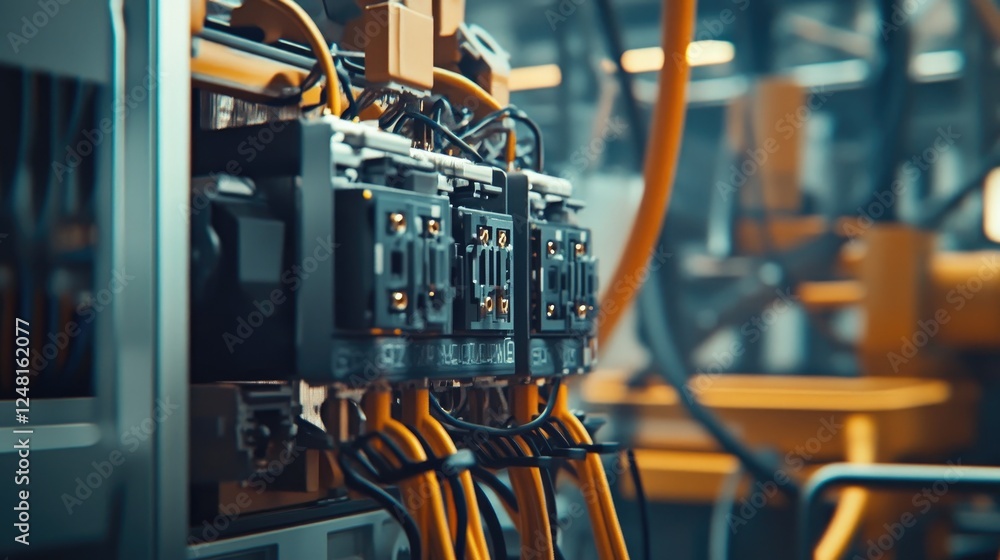 Aufkleber close-up of electrical relays managing an industrial manufacturing process, showcasing the intricate