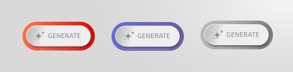 Modern Gradient Buttons for AI Generate Functionality with 3D Design and Creative Sparkles, Perfect for Web Interfaces and Applications. Vector illustration