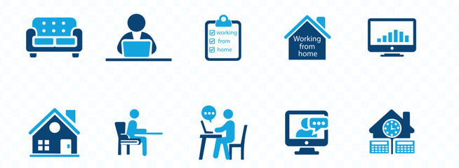 Working from home icon set. Containing remote work, work online, freelancing, home office, digital nomad, portfolio and more.