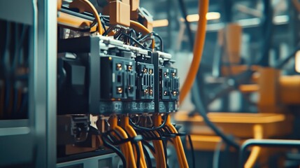Close-up of electrical relays managing an industrial manufacturing process, showcasing the intricate network of wires and components essential for automation and control in modern factories.