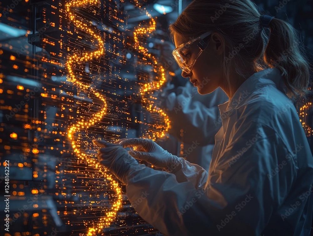 Poster futuristic laboratory analyzing holographic dna and digital data interfaces