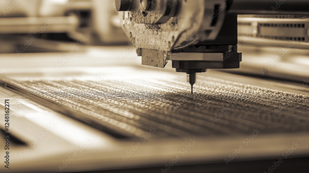 Poster Close-up of material being fed into a CNC machine, symbolizing the precision and rapid processing key to modern engineering strategies in efficient manufacturing.