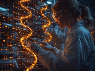 Futuristic Laboratory Analyzing Holographic DNA and Digital Data Interfaces