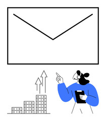 Oversized envelope symbolizes email, bar graph with arrows indicates growth, professional woman holds clipboard and gestures. Ideal for communication, growth, strategy, marketing, business ideas