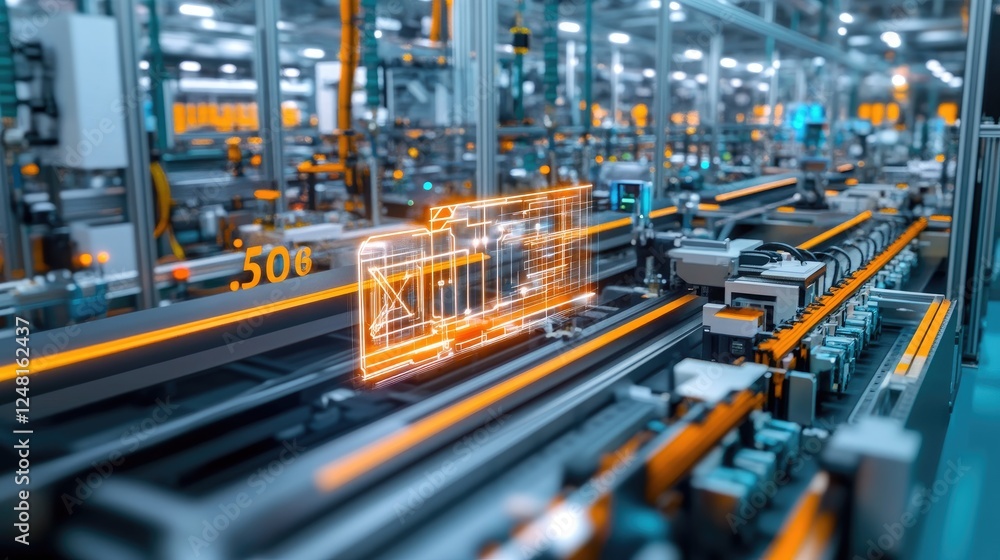Poster Close-up of network cables and a 5G antenna within a factory, representing the vital infrastructure enabling instant communication and data transfer in industrial settings.