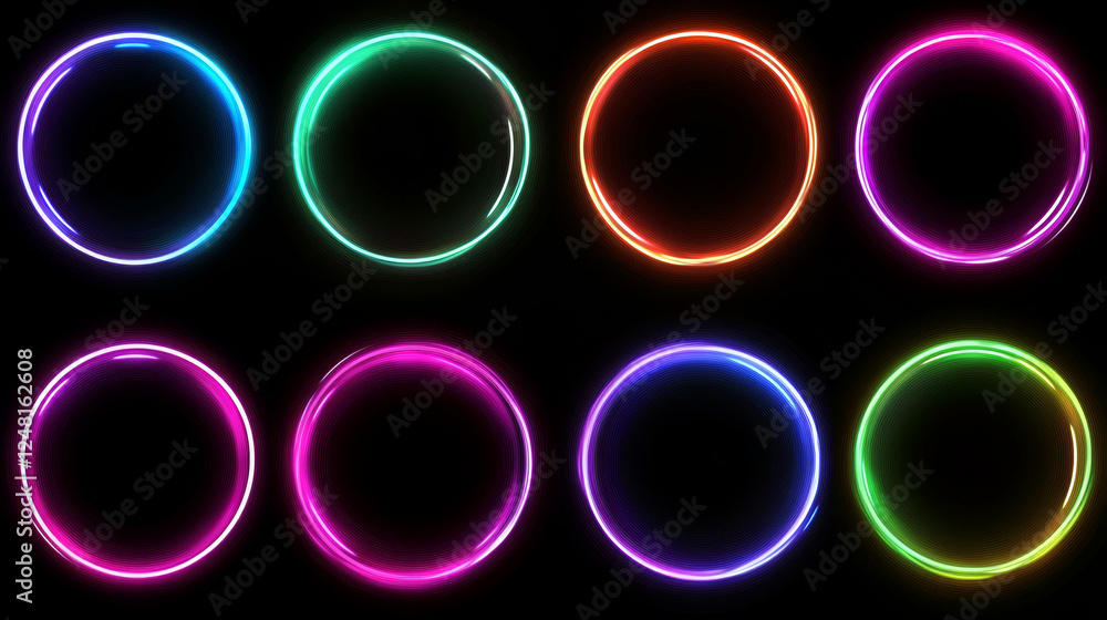 Poster circle frame with glitch and neon glow effect. digital round geometric light border with vintage vhs