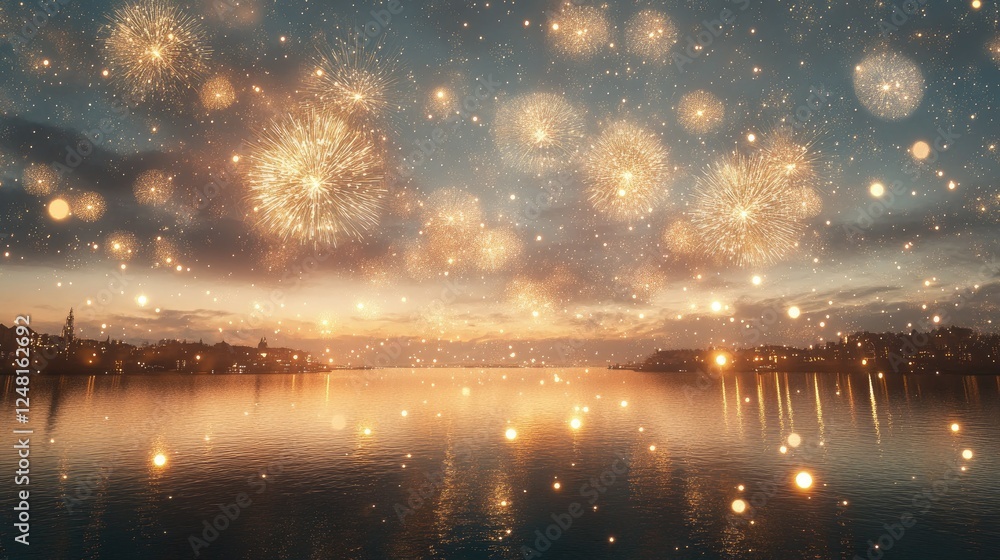 Poster sparkling fireworks display over calm water at dusk with reflection