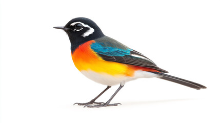 Fototapeta premium Side view of a vibrant Wagtail bird with full color, set against a clean white background, perfect for birdwatching enthusiasts and nature-themed design project