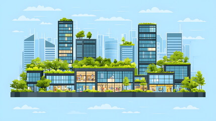 Fototapeta premium Modern green buildings with greenery on rooftops against a blue sky and city skyline in the background