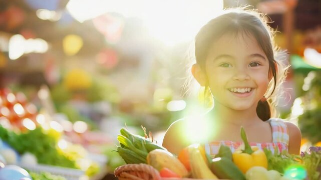A cheerful young girl with a bright smile holds a basket filled with fresh vegetables at a lively outdoor market. The vibrant colors of the produce, combined with the warm sunlight, create a wholesome