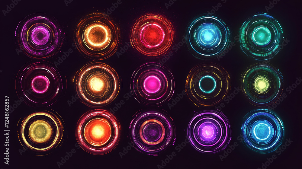 Poster circle frame with glitch and neon glow effect. digital round geometric light border with vintage vhs
