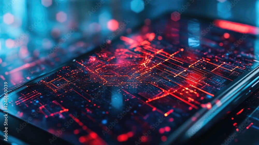Poster Cracked smartphone screen with digital glitch effects in a cyberpunk setting, symbolizing the failure of innovation, data corruption, and cyber vulnerability in futuristic technology.