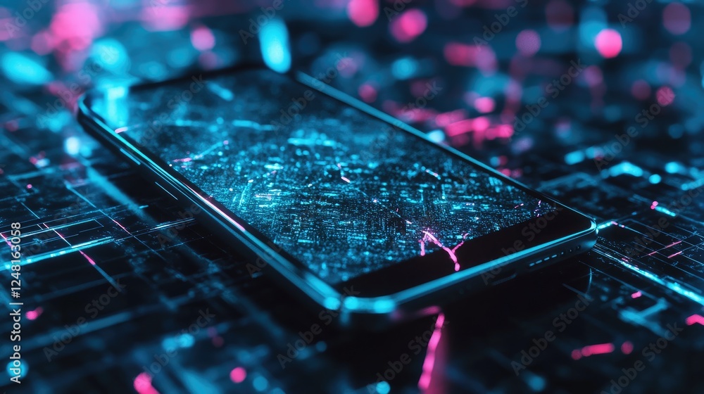 Poster Cracked smartphone screen with digital glitch effects in a cyberpunk setting, symbolizing the failure of innovation, data corruption, and cyber vulnerability in futuristic technology.