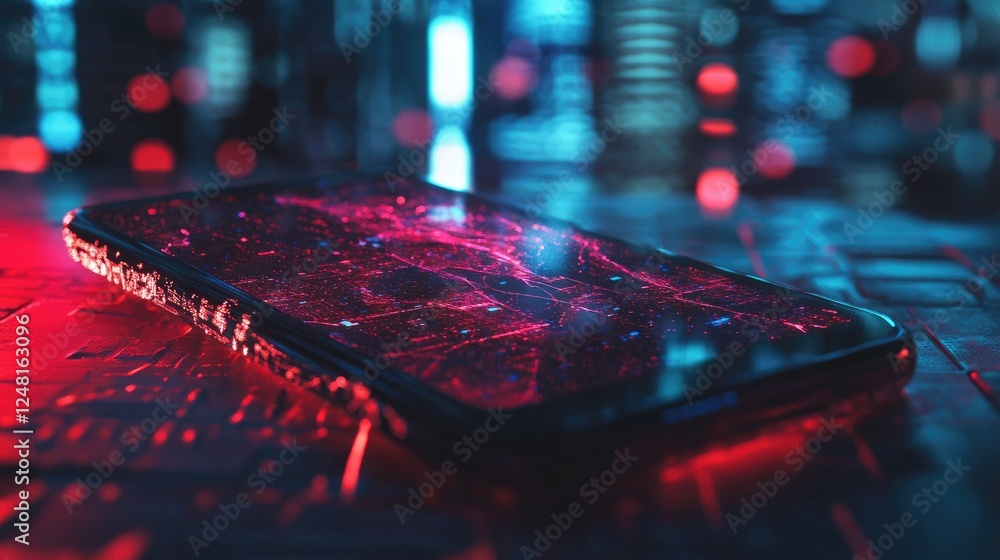 Poster Cracked smartphone screen with digital glitch effects in a cyberpunk setting, symbolizing the failure of innovation, data corruption, and cyber vulnerability in futuristic technology.