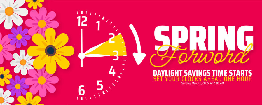 Spring Forward concept 2025 background or banner design. Daylight Saving Time Starts background and cartoon doodle style with clock design.