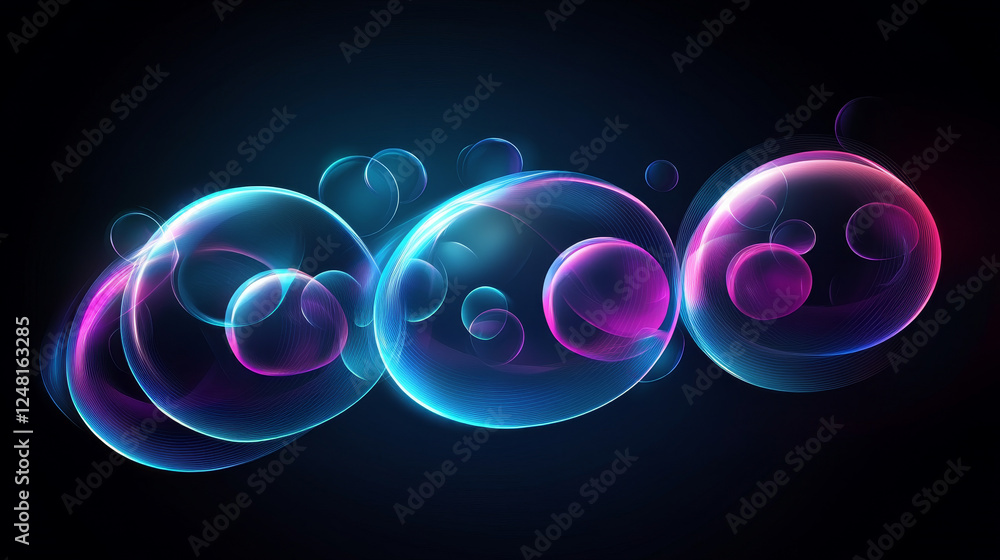 Poster abstract background with transparent soap bubbles. horizontal poster with flying 3d shiny air bubble