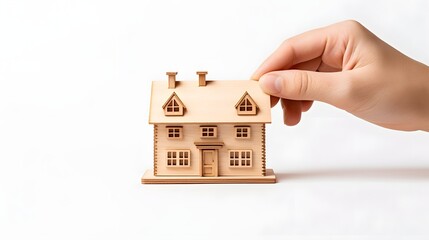 Real estate agent s hand holding a small house model isolated on a clean white surface for home sale rental or investment property consultation  Concept of real estate construction architecture