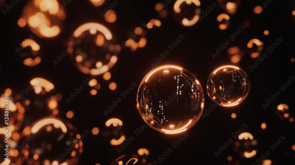 Poster abstract background with transparent soap bubbles. horizontal poster with flying 3d shiny air bubble