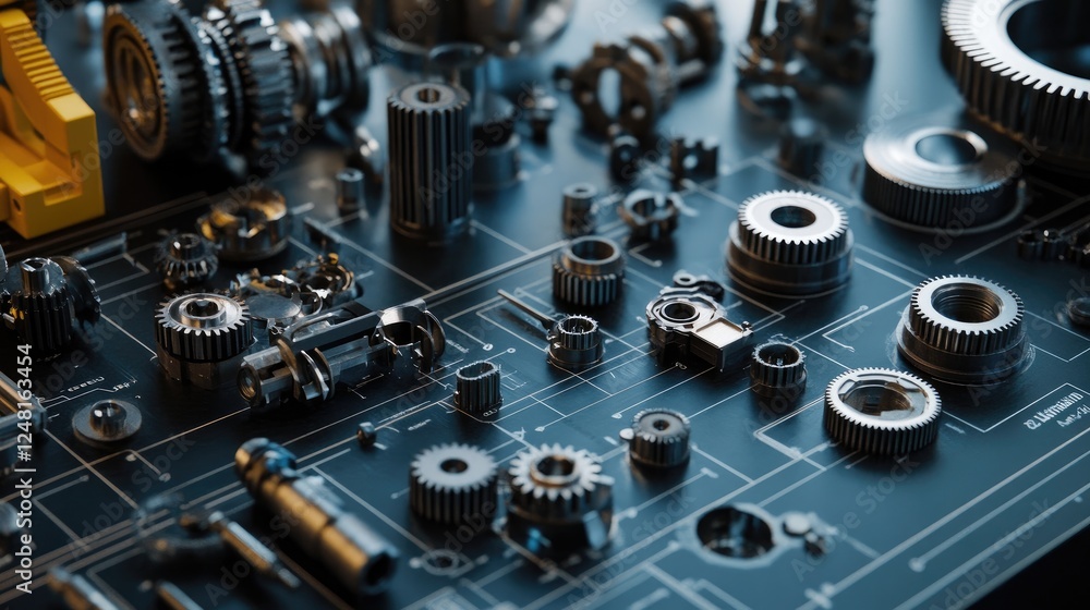 Poster Detailed array of gears and parts on a workbench, with overlaid digital schematics showcasing the customizable assembly process and precision engineering in a modern workshop.