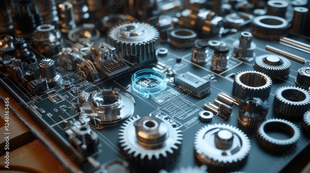 Poster Detailed array of gears and parts on a workbench, with overlaid digital schematics showcasing the customizable assembly process and precision engineering in a modern workshop.