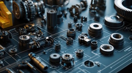Detailed array of gears and parts on a workbench, with overlaid digital schematics showcasing the customizable assembly process and precision engineering in a modern workshop.