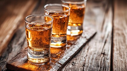 Three shots of whiskey on a wooden table.