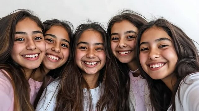 Joyful Hispanic teenage girls laughing and taking selfies together, set against a clean white background. Fun and vibrant moments!