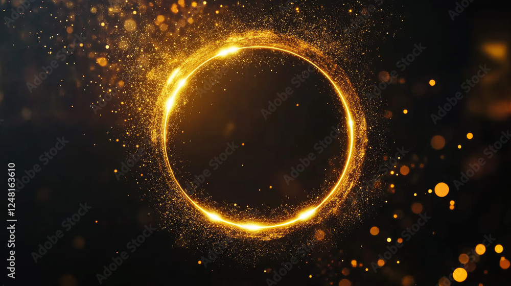 Poster circle frame with golden bokeh effect isolated on black background. vector realistic illustration of