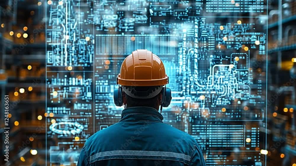 Poster engineer at the control panel: an engineer stands before a futuristic control panel, observing data 