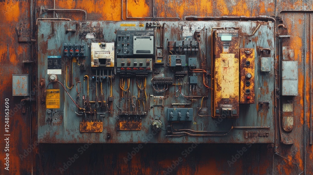 Poster electrical panel with detailed wiring and circuit breakers on a weathered, rusty metal background, s
